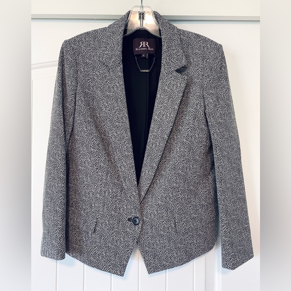NEW Rachel Roy 6 S Hip Length Jacket Herringbone Print Blazer Black White Staple